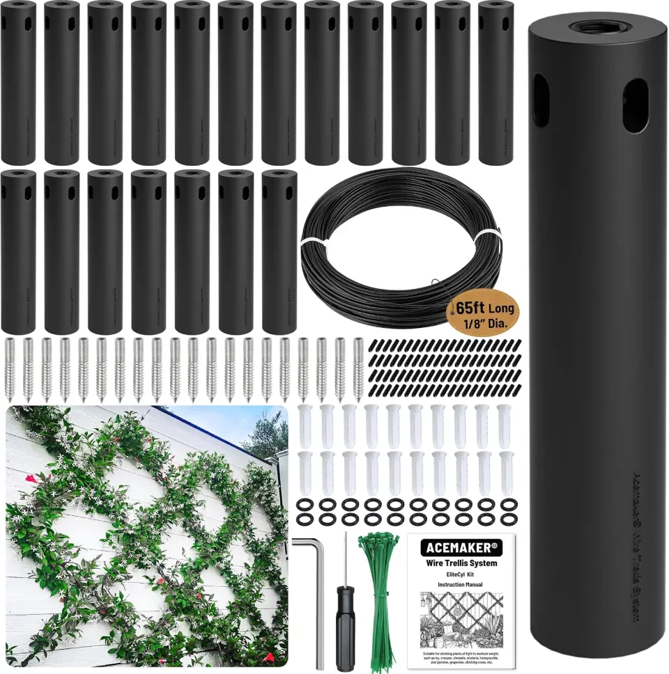 20-Set Black ABS Plastic Wall Wire Trellis Kit with 1/8" x 65ft Vinyl Coated Cable