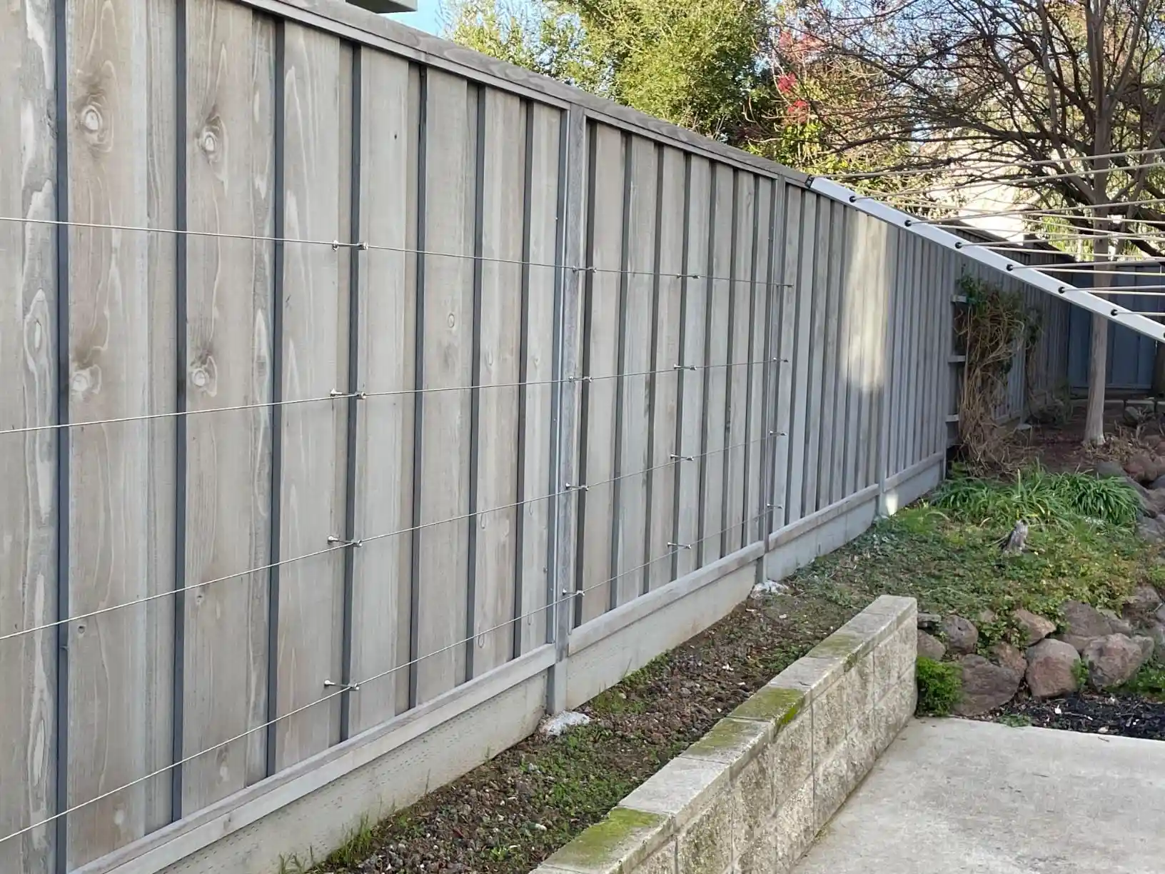 Horizontal wire trellis lines running along a gray wooden fence