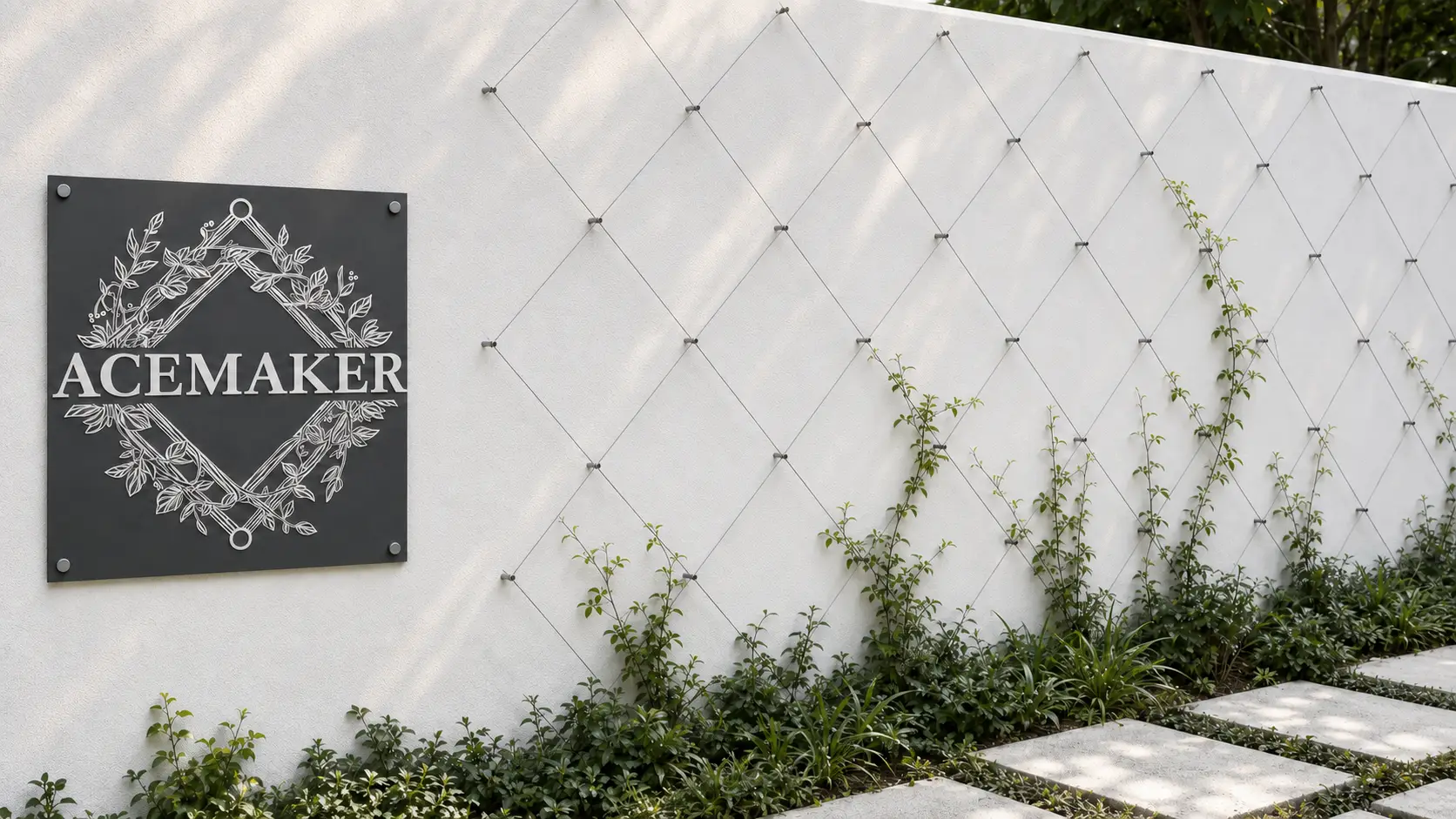 Wall-mounted stainless-steel wire trellis supporting climbing plants on a modern garden wall with an Acemaker plaque