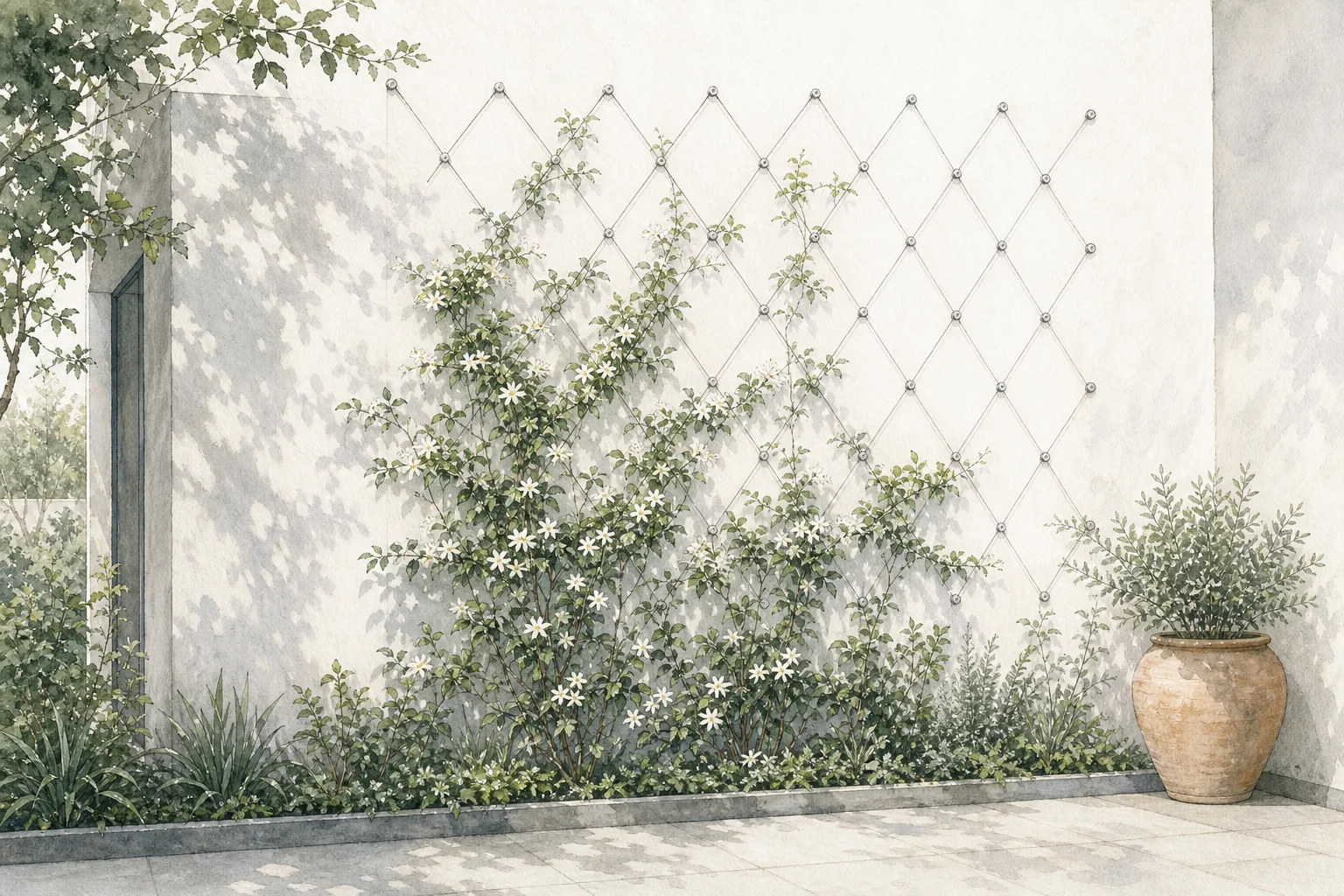 Hand-drawn garden wall with a diamond wire trellis and young climbing vines