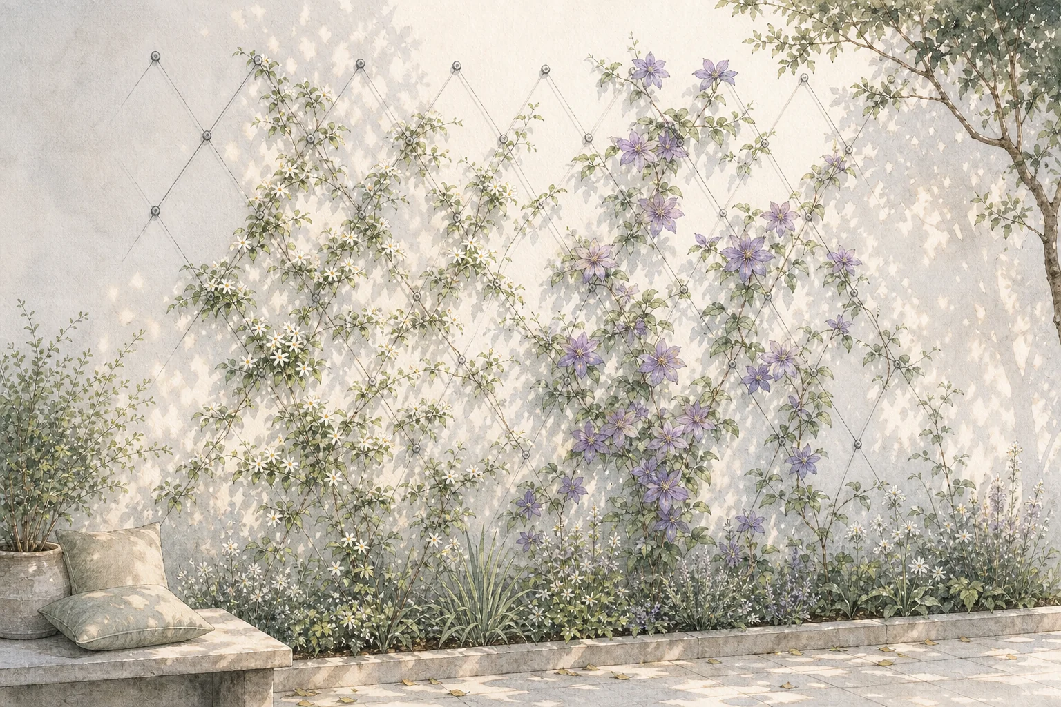 Hand-drawn mature jasmine and clematis spread across a wall-mounted wire trellis